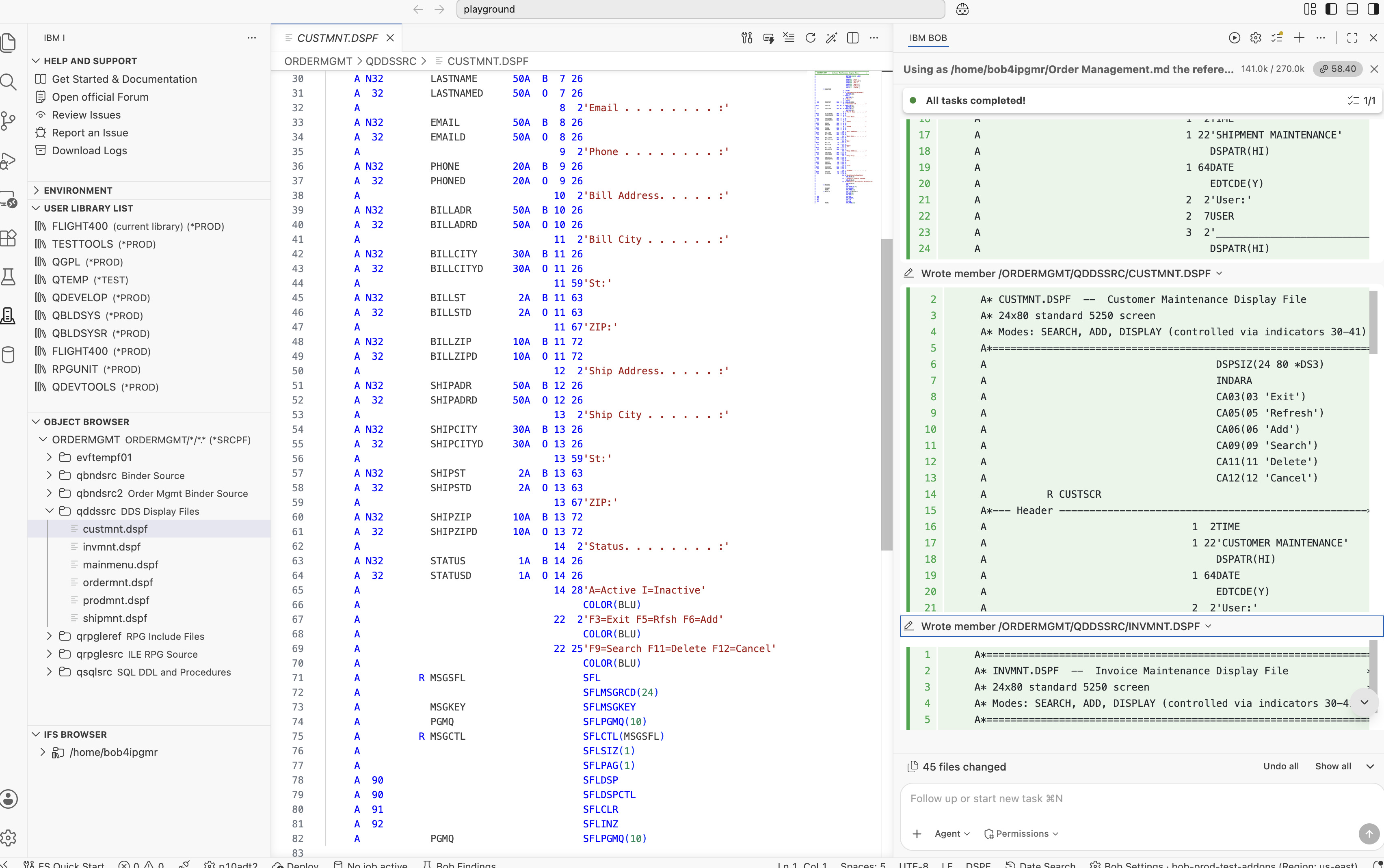 CUSTMNT DDS display file using the standard IBM i message subfile pattern